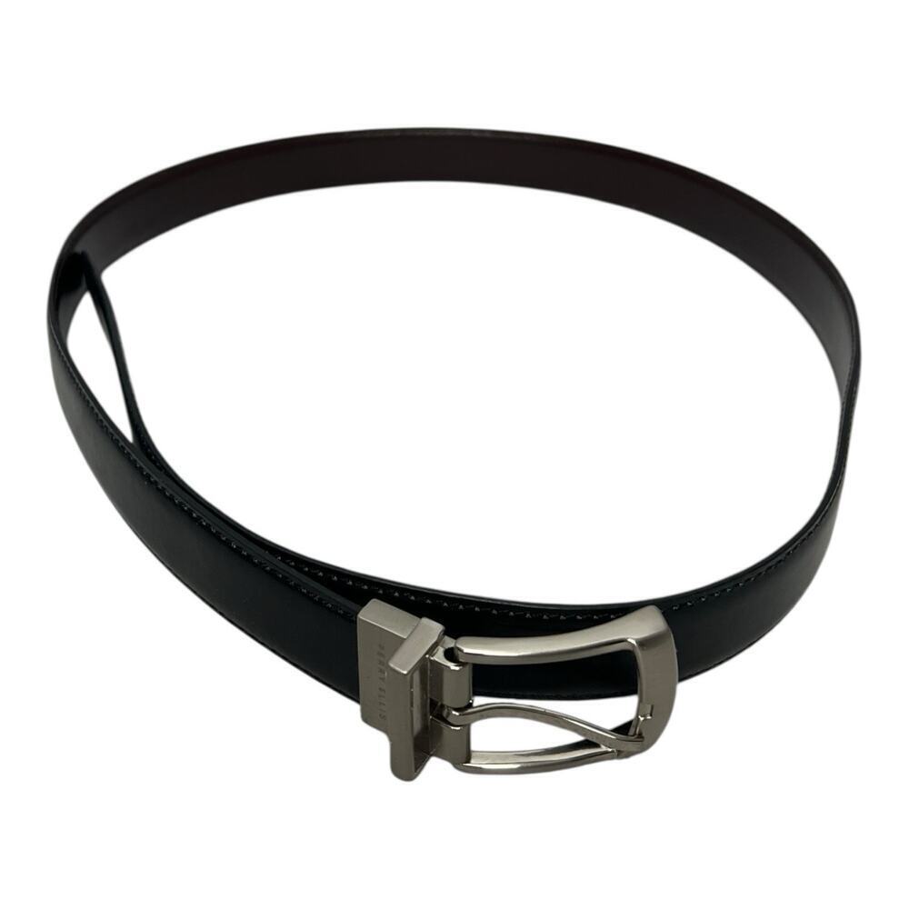 Perry Ellis Black Brown Reversible Leather Belt Mens 40 Silver Tone Buckle